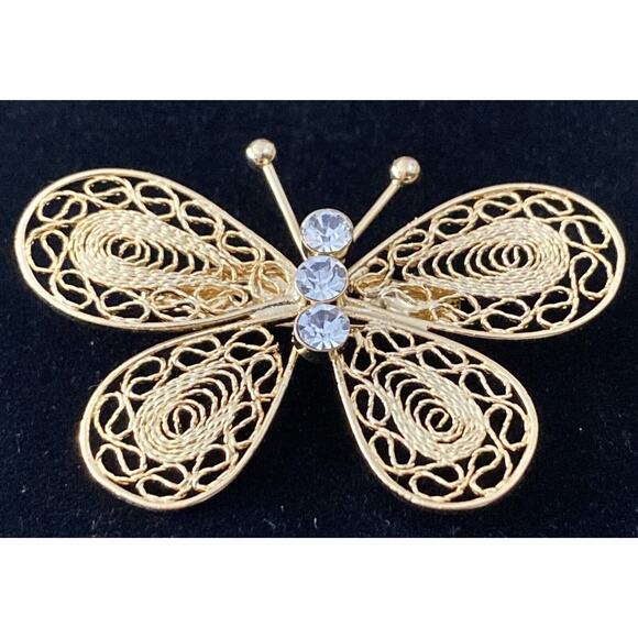 Gold Filigree 3 Rhinestones For Body Butterfly 2” Pin Brooch - Picture 2 of 5
